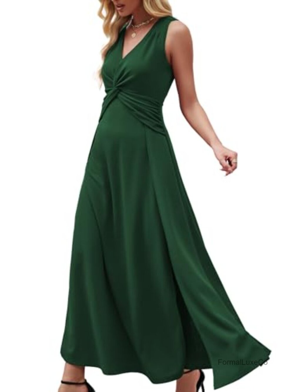Wedding Guest V-Neck Sleeveless A-Line Midi Formal Evening Dress